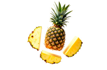Fresh pineapple with slices on a white background. The pineapple is whole with a spiky green crown and yellow flesh. Slices are arranged around it.