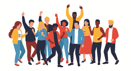 Obraz premium Diverse Group of Happy People Celebrating. Multi-ethnic men and women cheering together, showing unity and friendship in flat illustration.