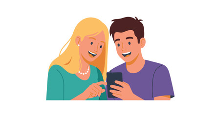 Happy couple or friends sharing smartphone screen. Young man and woman browsing online content together. Digital communication concept.