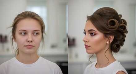 Before and After Makeup Transformation of Woman with Natural Light in Beauty Salon