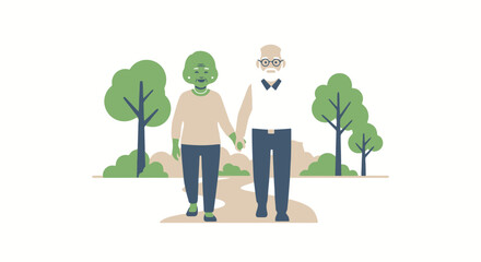 Senior couple walking hand in hand in park. Flat illustration of love, companionship, and healthy aging.