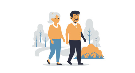 Diverse Senior Couple Walking in Park. Elderly Man with Prosthetic Arm. Flat Design Illustration.