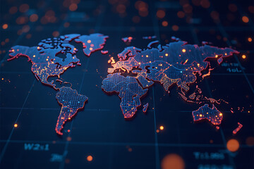 Digital World Map with Glowing Connections Between Continents

