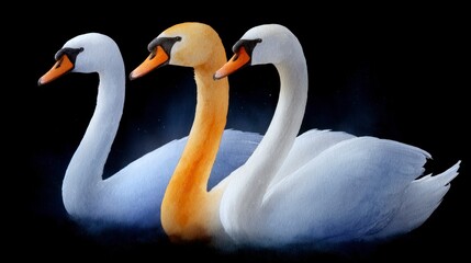 Fototapeta premium Three elegant swans two white and one golden float gracefully on dark water