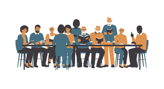 Diverse Group Learning Together at Table: Community Education, Book Club, or Collaborative Meeting Illustration