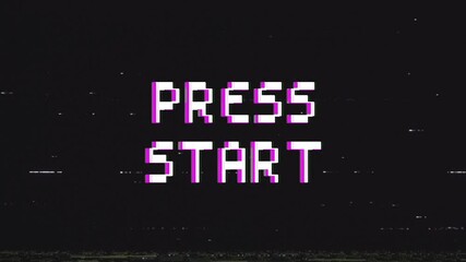 Retro Pixelated Press Start animation with a vintage digital glitch effect. Perfect for gaming intros, retro themes, tech errors, or nostalgic video projects. - Powered by Adobe