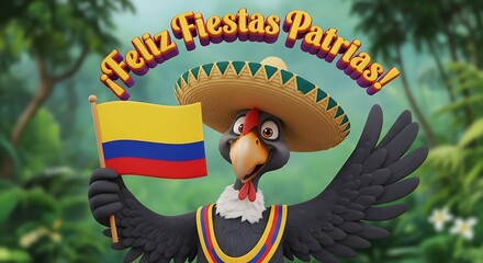 Cartoon Andean Condor Celebrates Colombian Independence Day with Flag and Sombrero