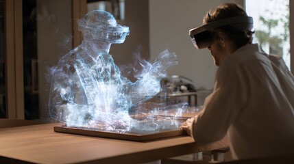 Man using vr headset interacts with holographic avatar figure