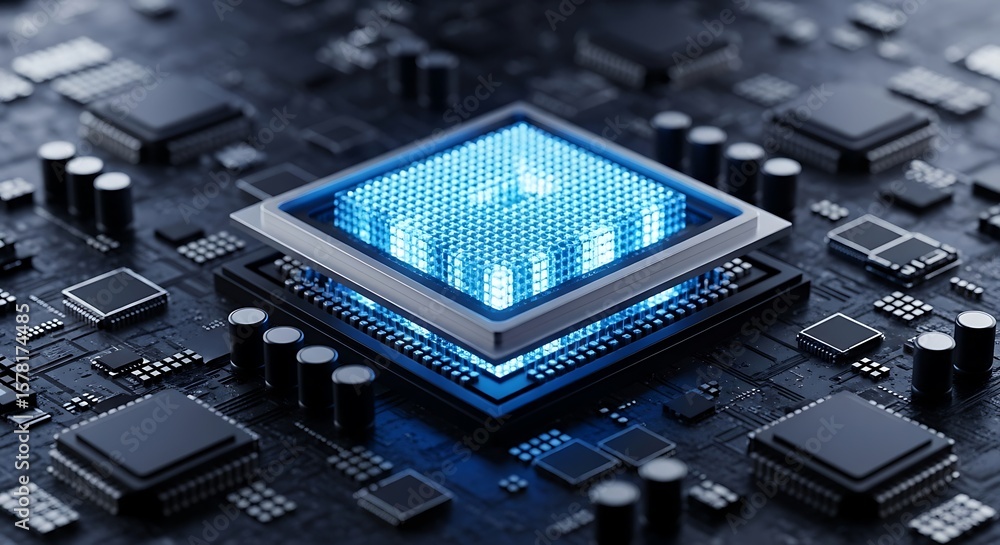 Poster a detailed perspective of a luminous blue central processing unit cpu situated on a complex electron