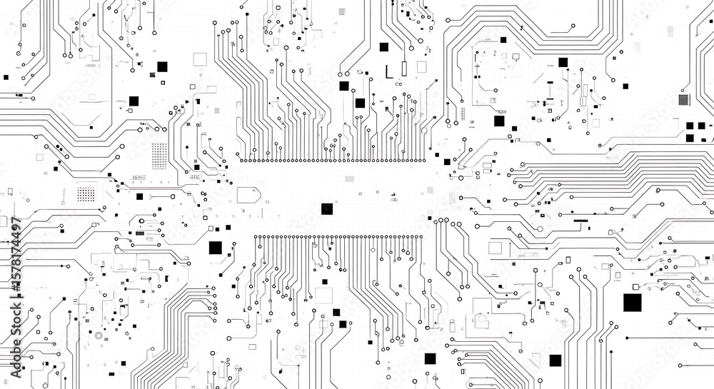 Poster a detailed and complex abstract pattern of interconnected black lines and squares on a stark white b