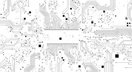A detailed and complex abstract pattern of interconnected black lines and squares on a stark white background, representing a sophisticated electronic circuit board design