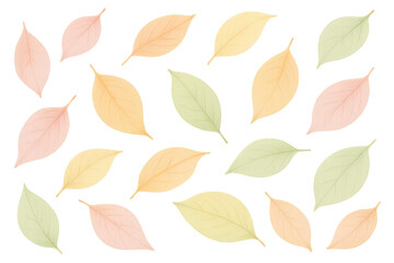 Multiple pastel-colored leaves falling gently on a transparent background, creating a serene and elegant autumnal atmosphere
