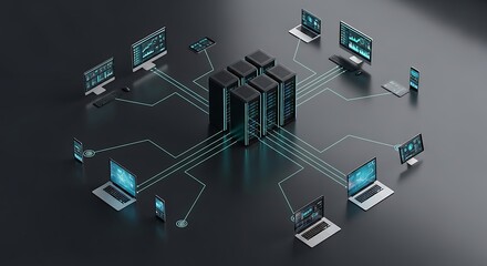 A futuristic data center with multiple server racks interconnected with various devices like laptops, monitors, and tablets, illustrating a complex digital network and information flow