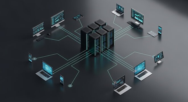A futuristic data center with multiple server racks interconnected with various devices like laptops, monitors, and tablets, illustrating a complex digital network and information flow