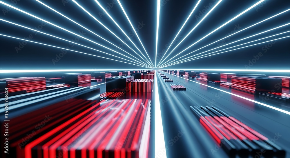 Poster futuristic digital tunnel with glowing blue lines and red data blocks, symbolizing technology and sp