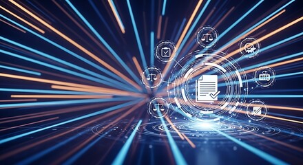 Fototapeta premium Abstract digital network with glowing lines and icons representing data, legal compliance, and technology