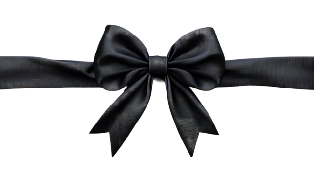 An elegant black ribbon tied in a sorrowful bow symbolizing grief and remembrance against a on transparent background
