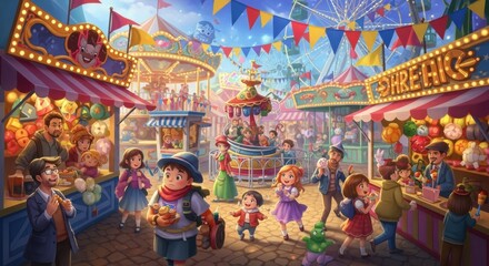 Fototapeta premium Vibrant Summer Carnival With Families Enjoying Games and Rides