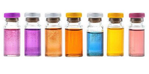 Collection of  seven glass vials filled with colorful liquids standing in a straight line real image, no blur, clear image, hd, full hd, photos, isolated white background