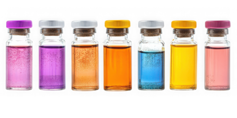Collection of  seven glass vials filled with colorful liquids standing in a straight line real image, no blur, clear image, hd, full hd, photos, isolated white background