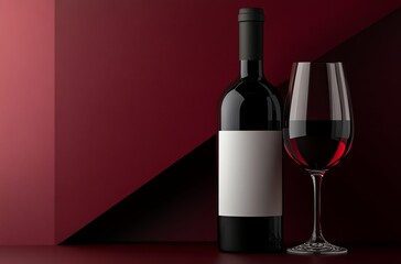 premium red wine bottle mockup with empty label next to glass on rich maroon surface