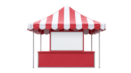 Market stall mockup with red and white canopy and blank sign, isolated on tranparent background 
