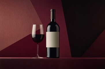 elegant red wine bottle and glass on deep burgundy background with blank label for product design