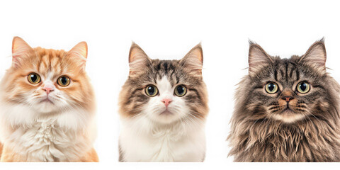Collection of  three cats with different fur colors posing against a black background real image, no blur, clear image, hd, full hd, photos, isolated white background