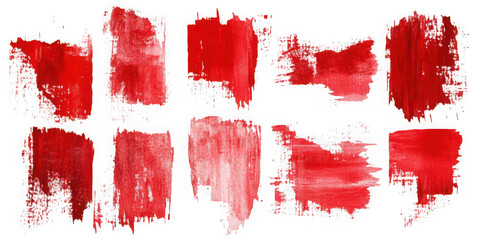 Collection of  ten red paint strokes on a black background creating an abstract pattern real image, no blur, clear image, hd, full hd, photos, isolated white background