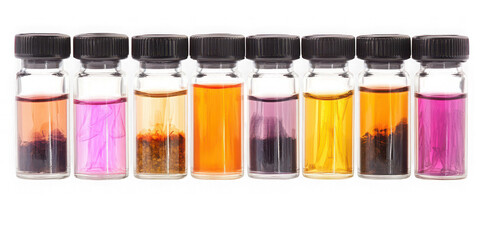 Collection of  collection of small vials filled with liquids of varying colors and shades real image, no blur, clear image, hd, full hd, photos, isolated white background
