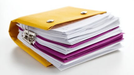 Stack of white paper sheets with purple dividers inside a yellow folder secured with metal clasps
