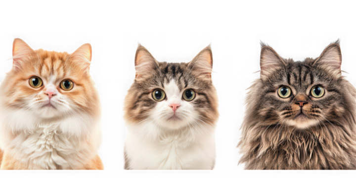 Collection of  three cats with different fur colors posing against a black background real image, no blur, clear image, hd, full hd, photos, isolated white background