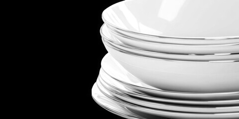 Collection of  stack of white ceramic bowls isolated against a stark black background view real image, no blur, clear image, hd, full hd, photos, isolated white background