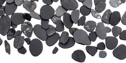 Collection of  a collection of smooth dark gray stones scattered on a black background plain real image, no blur, clear image, hd, full hd, photos, isolated white background
