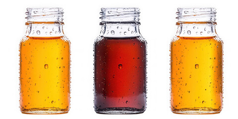 Collection of  three glass bottles filled with different colored liquids on black backdrop real image, no blur, clear image, hd, full hd, photos, isolated white background