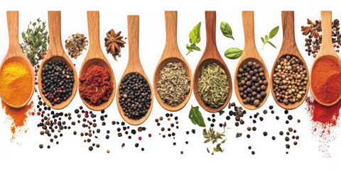 Collection of  wooden spoons filled with various spices and herbs on a black background real image, no blur, clear image, hd, full hd, photos, isolated white background