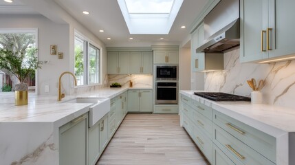 Light-filled kitchen with soft pistachio tones gold fixtures and marble countertops illuminated by full-width skylight with ambient haze