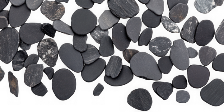 Collection of  a collection of smooth dark gray stones scattered on a black background plain real image, no blur, clear image, hd, full hd, photos, isolated white background