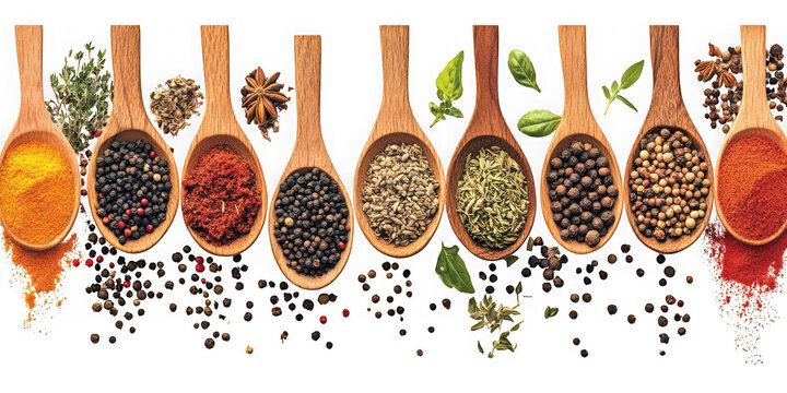 Collection of  wooden spoons filled with various spices and herbs on a black background real image, no blur, clear image, hd, full hd, photos, isolated white background