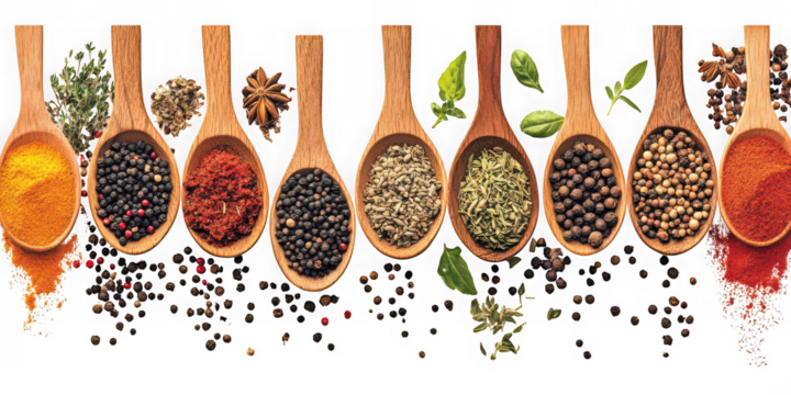 Collection of  wooden spoons filled with various spices and herbs on a black background real image, no blur, clear image, hd, full hd, photos, isolated white background