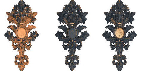 Collection of  three ornate wall decorations with oval centers against a black background real image, no blur, clear image, hd, full hd, photos, isolated white background