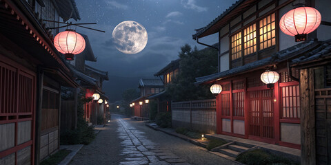 "moody night scene with hanging lanterns under a full moon, East Asian village, digital art"
