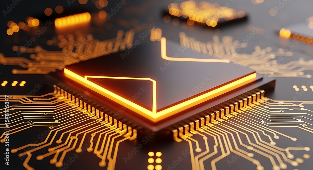 Poster a glowing central processing unit with intricate orange circuitry, representing advanced technology 