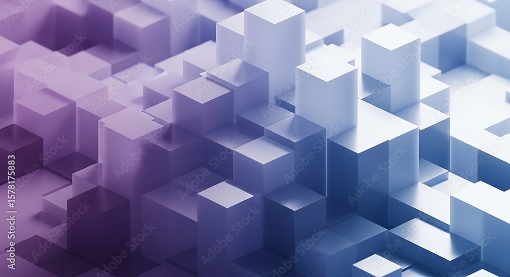 Poster an abstract geometric composition of light purple and blue cubes and blocks, creating a textured and