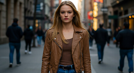 Fototapeta premium High-resolution editorial street photography of determined woman with long straight blonde hair in stylish brown leather jacket and jeans striding confidently through dynamic city atmosphere