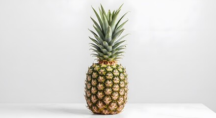 Fototapeta premium Fresh, whole pineapple with green leaves on a natural wooden table