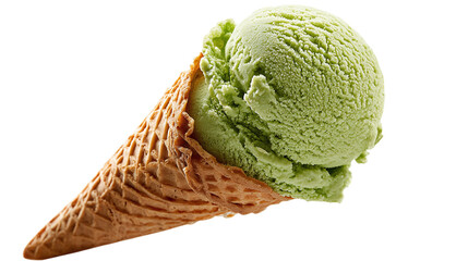 Fototapeta premium Matcha ice cream scoop in waffle cone isolated on transparent background 