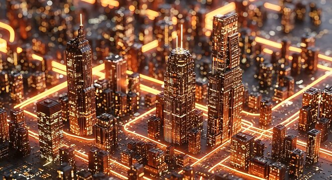 A futuristic cityscape at night, with buildings illuminated by glowing orange lines representing a digital network and data flow
