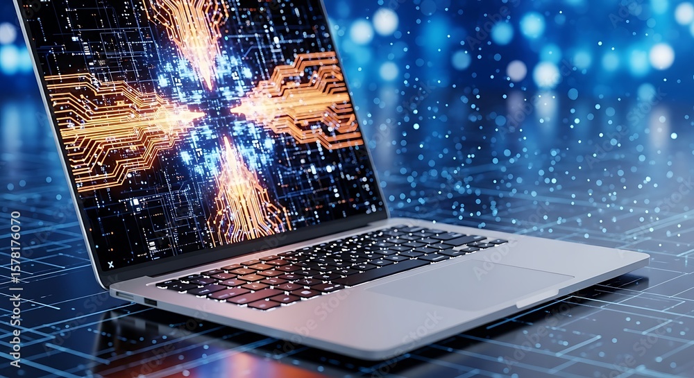 Aufkleber a modern laptop displaying a vibrant, abstract digital circuit pattern on its screen, representing a