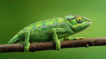 Obraz premium Vibrant Green Chameleon Perched on Branch Against Solid Background, Detailed Reptile Portrait with Textured Skin and Distinctive Features in Studio Setting
